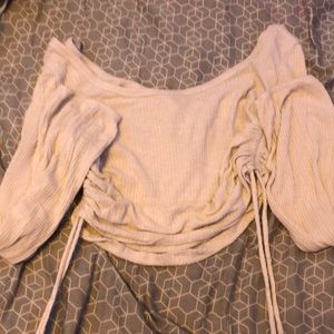 Beige cropped tie off the shoulder top